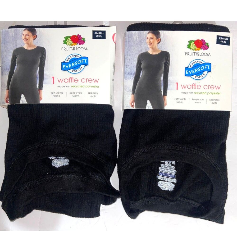 2 Fruit of the Loom EverSoft Women's Waffle Pant Size XS Black NEW!